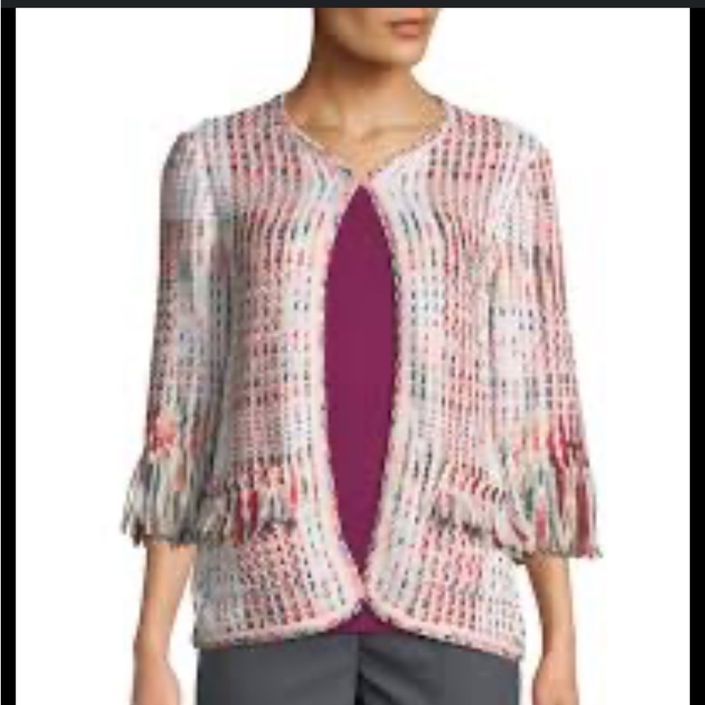 St John Ribbon Fringe Macro Plaid Cardigan Jacket in Blush Sz 6 - Picture 2 of 11
